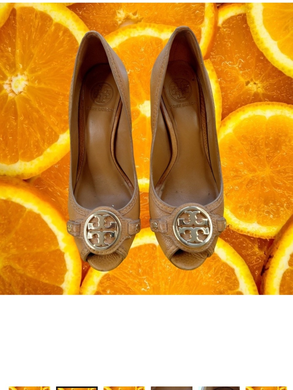 Tory Burch Tan Peep-Toe Heels with Gold Logo Medallion